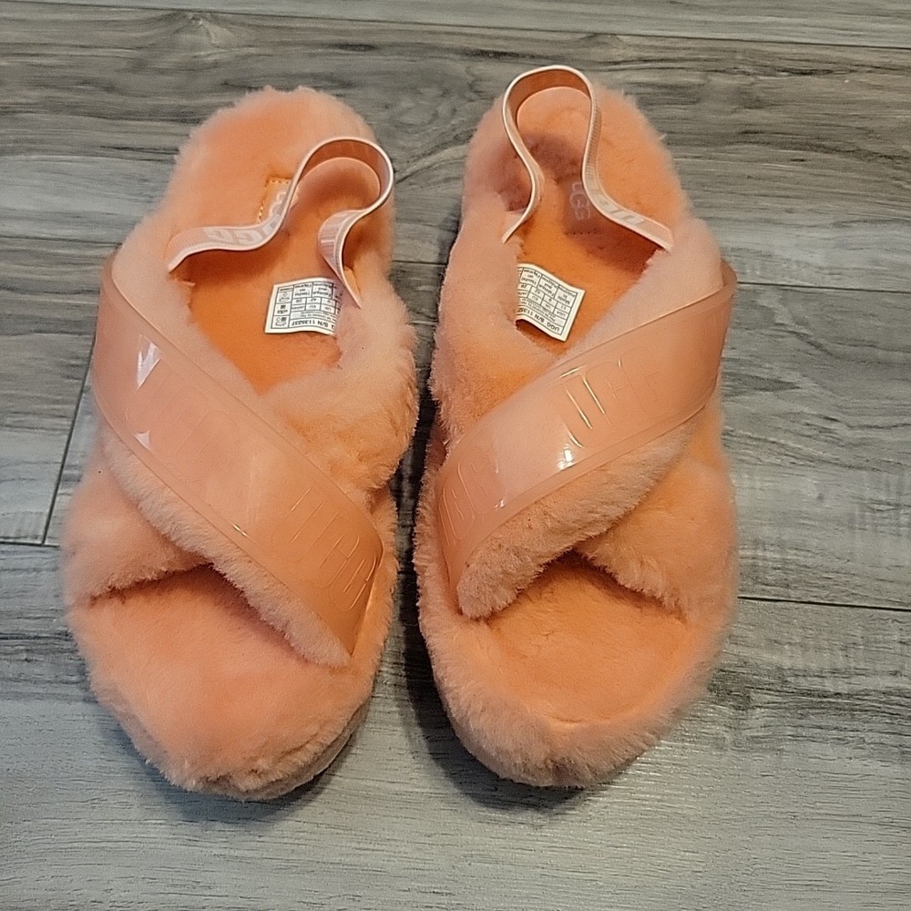 UGG Fuzzita Clear Cross Slide Slingback Platform Coral Sheepskin‎ Womens 11 NOWB